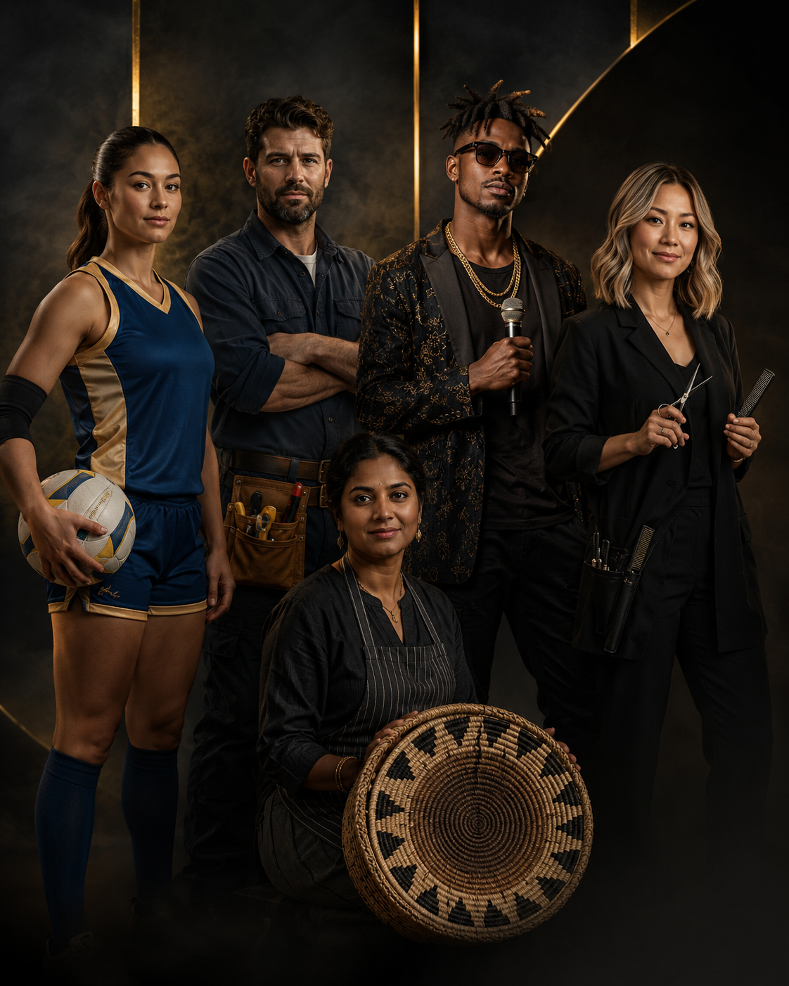 A multicultural group representing CSM clients: an athlete, tradesperson, performing artist, craft maker and professional hairdresser